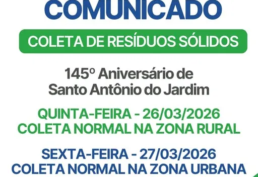 COMUNICADO SOBRE A COLETA DE RESÍDUOS SÓLIDOS NESTE FERIADO MUNICIPAL